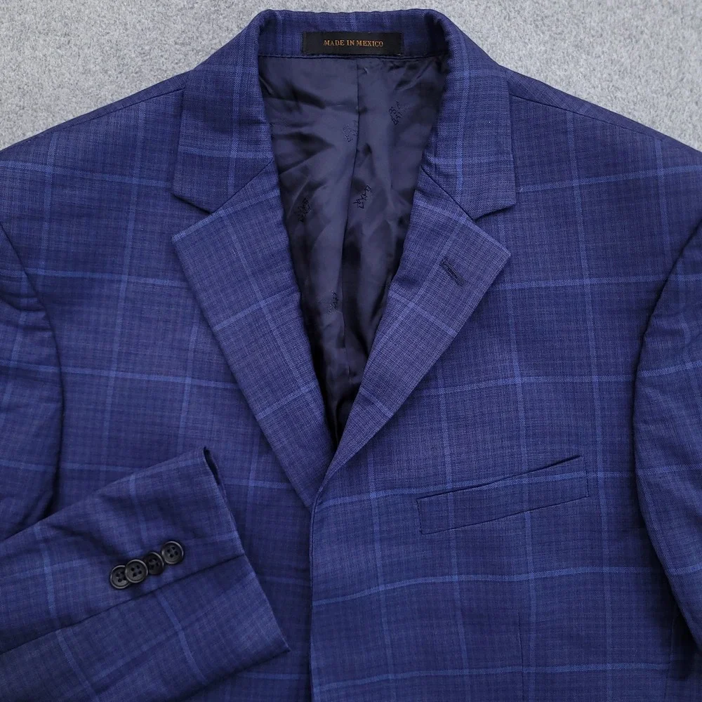 Jos A Bank Blazer Mens 40L Blue Windowpane Lanificio 120s Wool Cerruti Jacket